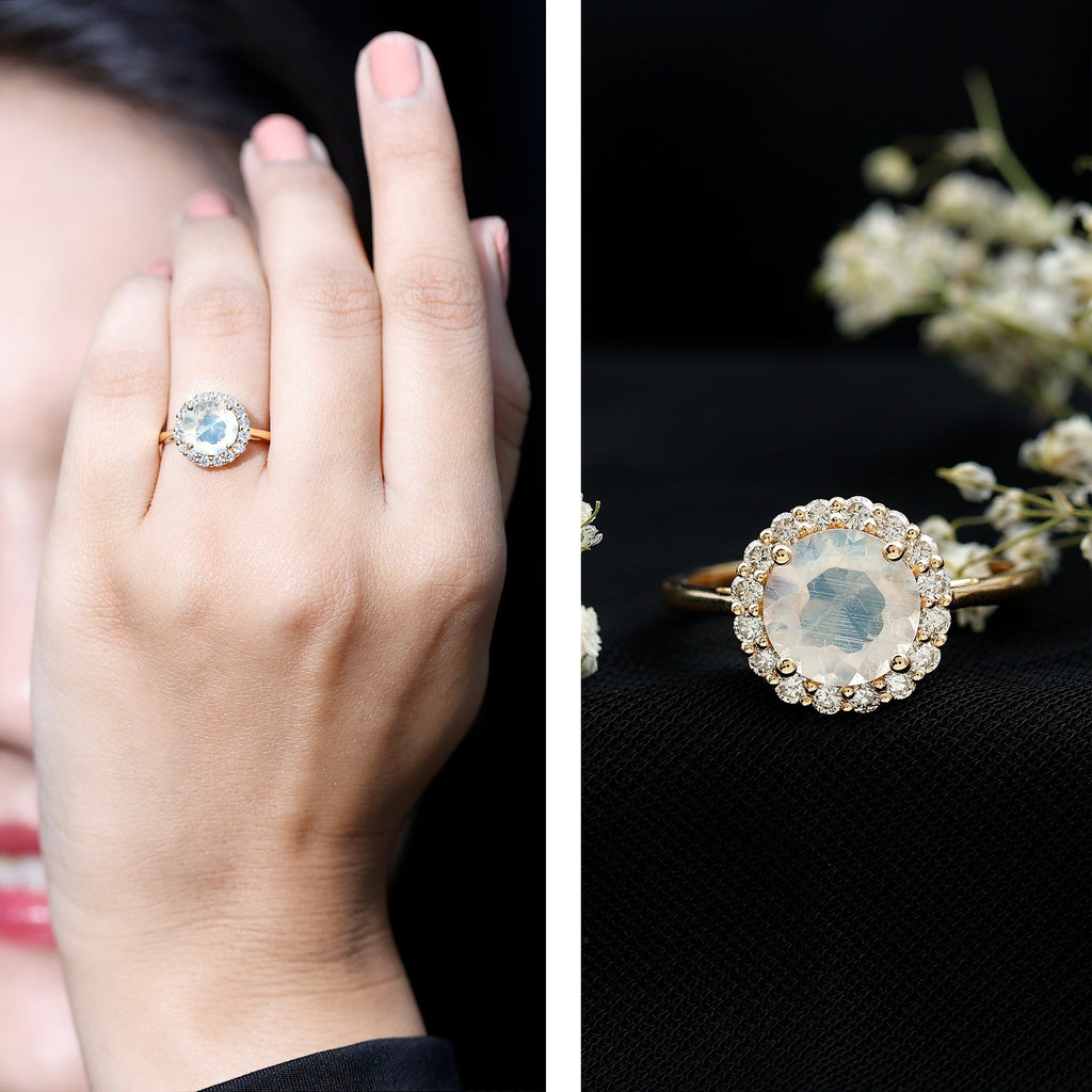 0.8 CT Round Moonstone Halo Engagement Ring with Diamond