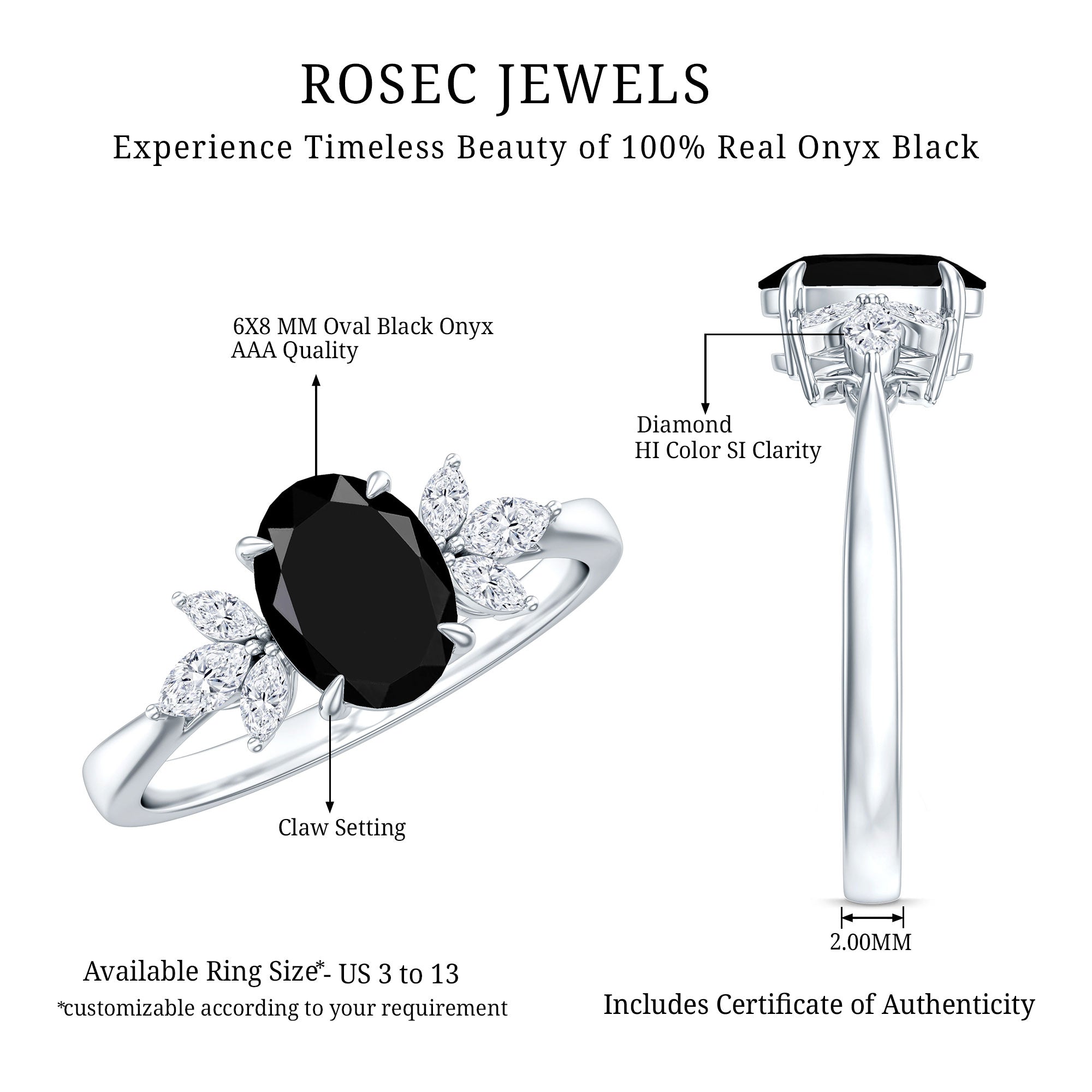 Oval Cut Black Onyx Engagement Ring with Diamond Trio