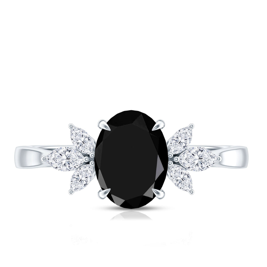 Oval Cut Black Onyx Engagement Ring with Diamond Trio