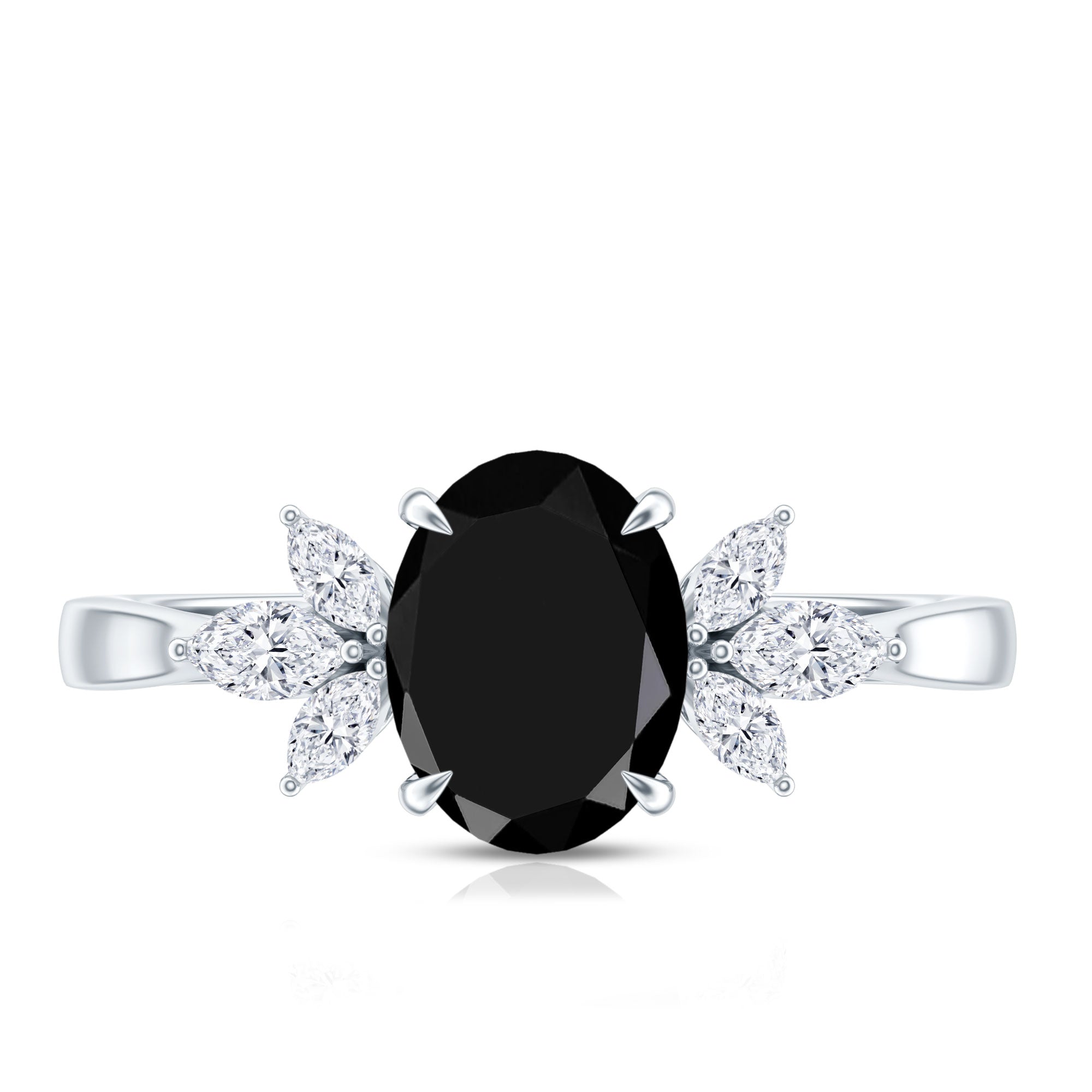 Oval Cut Black Onyx Engagement Ring with Diamond Trio