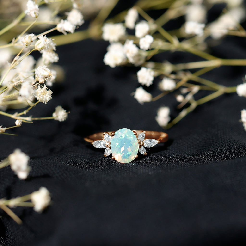 1.2 Carat Natural Rainbow Opal Oval Engagement Ring with Diamond