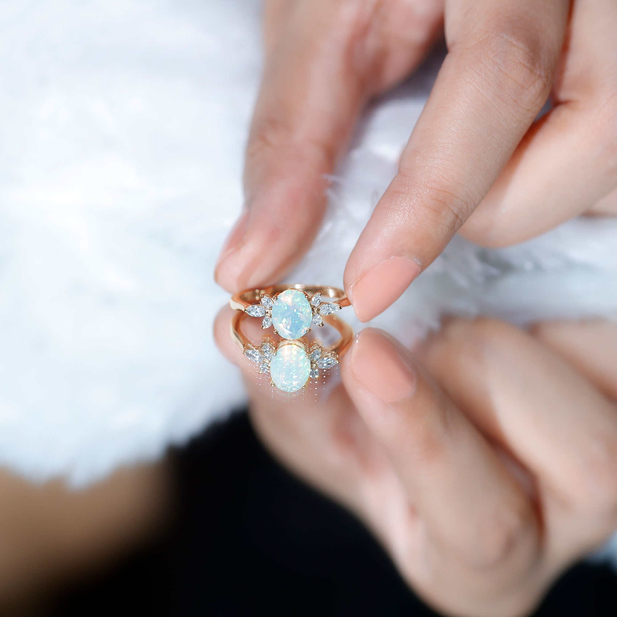 1.2 Carat Natural Rainbow Opal Oval Engagement Ring with Diamond