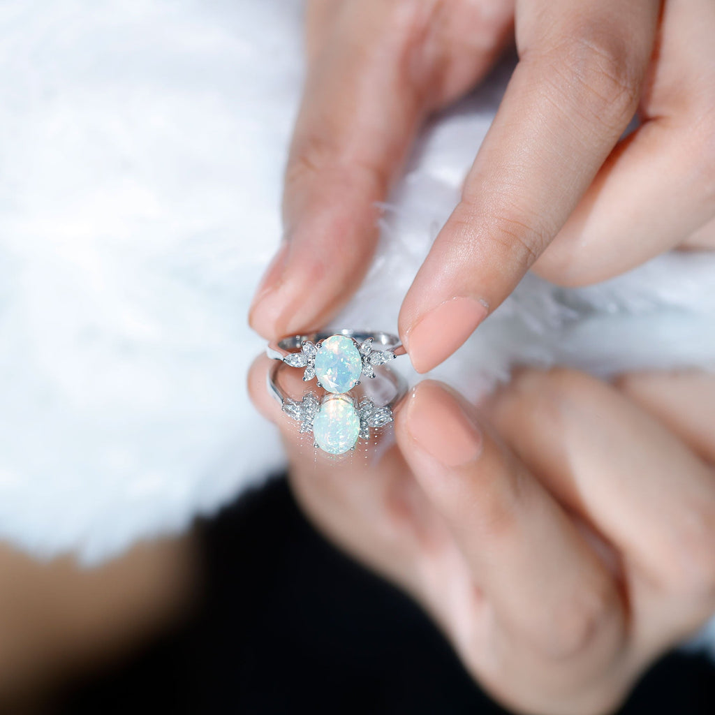 1.2 Carat Natural Rainbow Opal Oval Engagement Ring with Diamond