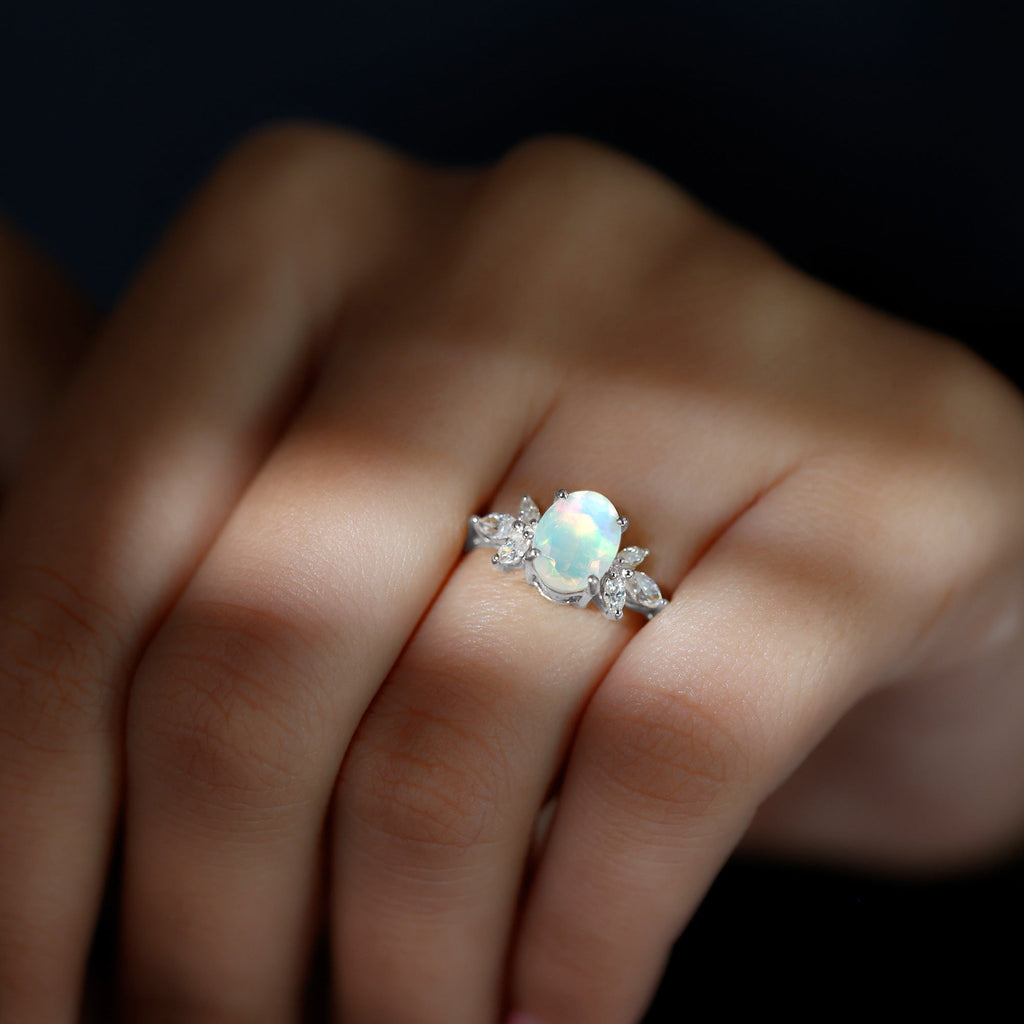 1.2 Carat Natural Rainbow Opal Oval Engagement Ring with Diamond