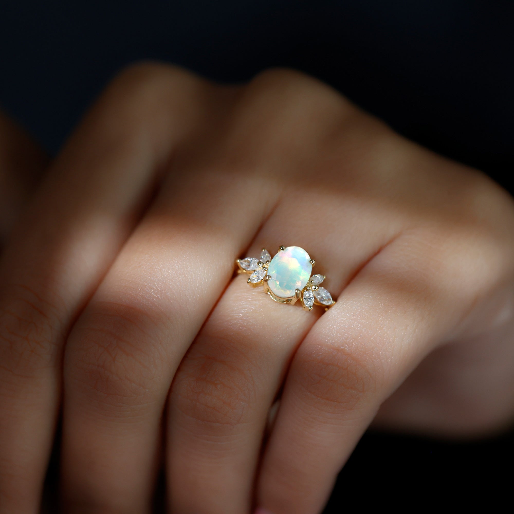 1.2 Carat Natural Rainbow Opal Oval Engagement Ring with Diamond