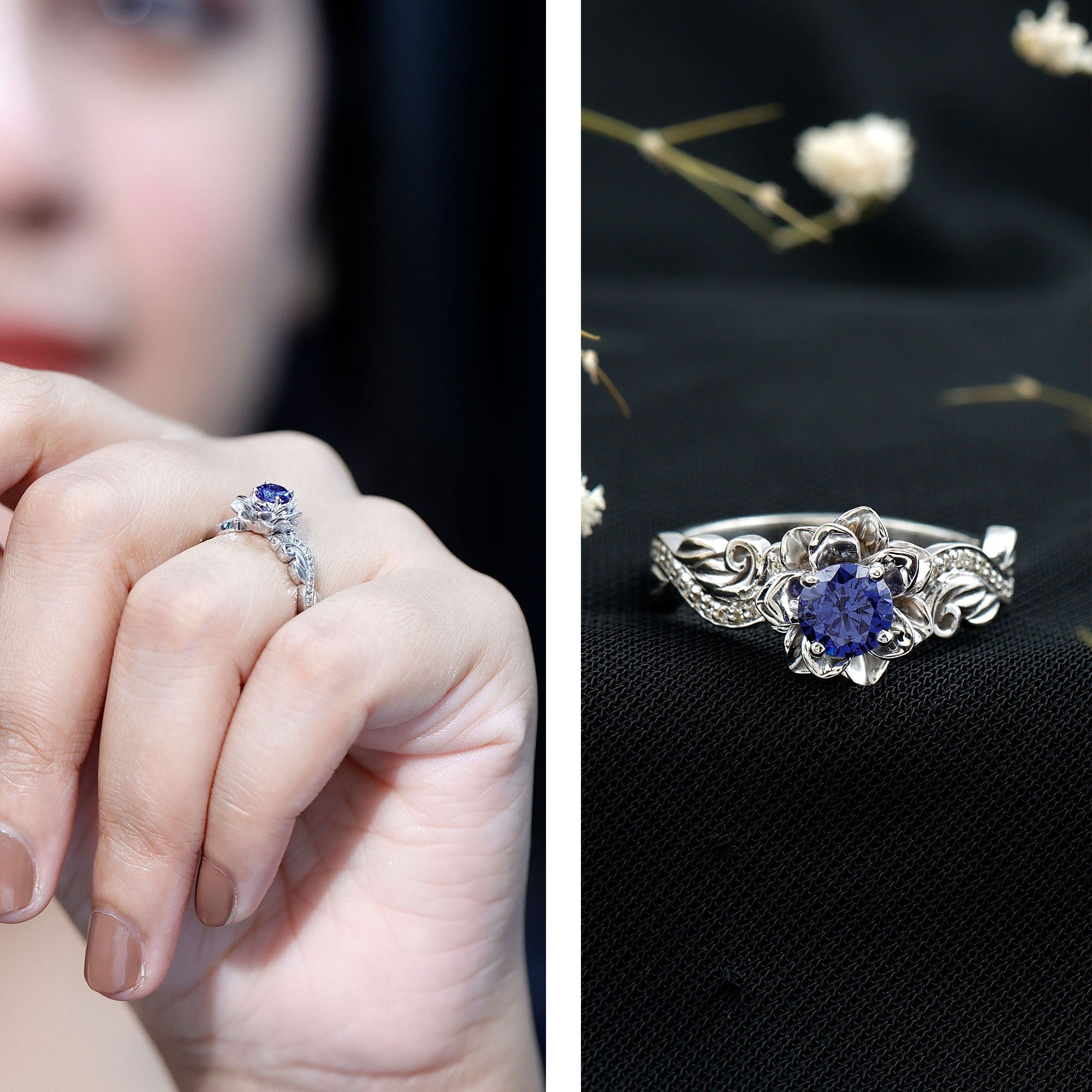 Certified Lab Grown Blue Sapphire Flower Engagement Ring with Diamond