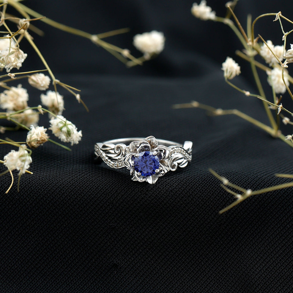 Certified Lab Grown Blue Sapphire Flower Engagement Ring with Diamond
