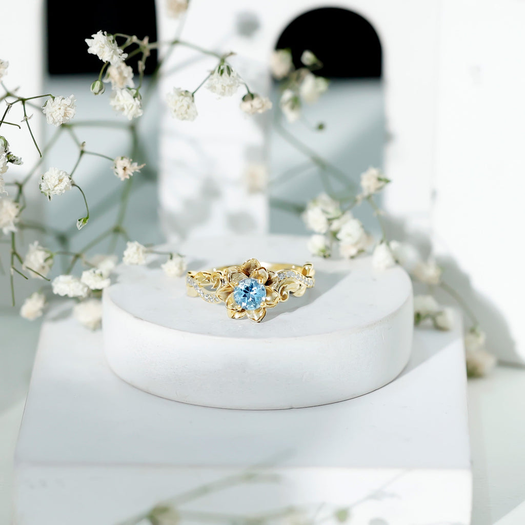 Natural Aquamarine Flower Inspired Engagement Ring With Diamond