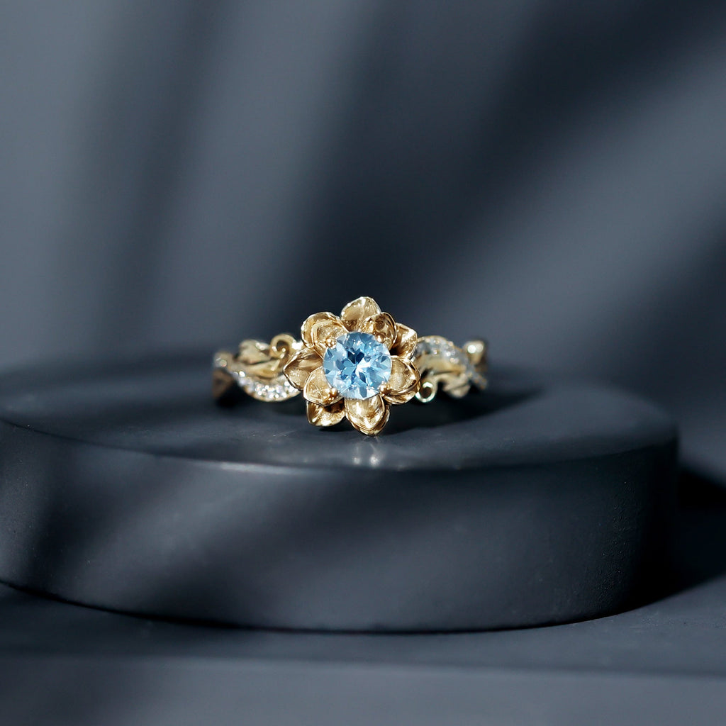 Natural Aquamarine Flower Inspired Engagement Ring With Diamond