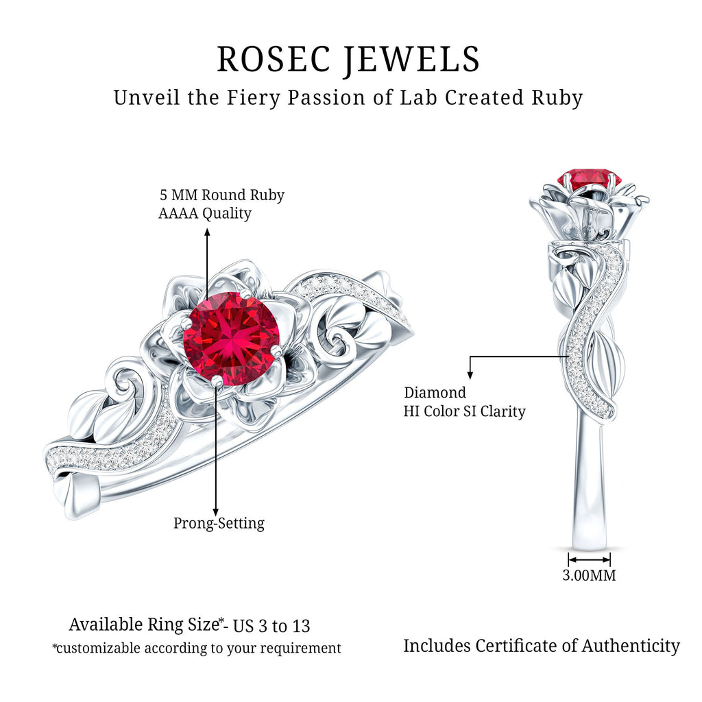 Nature Inspired Engagement Ring with Lab Ruby and Diamonds