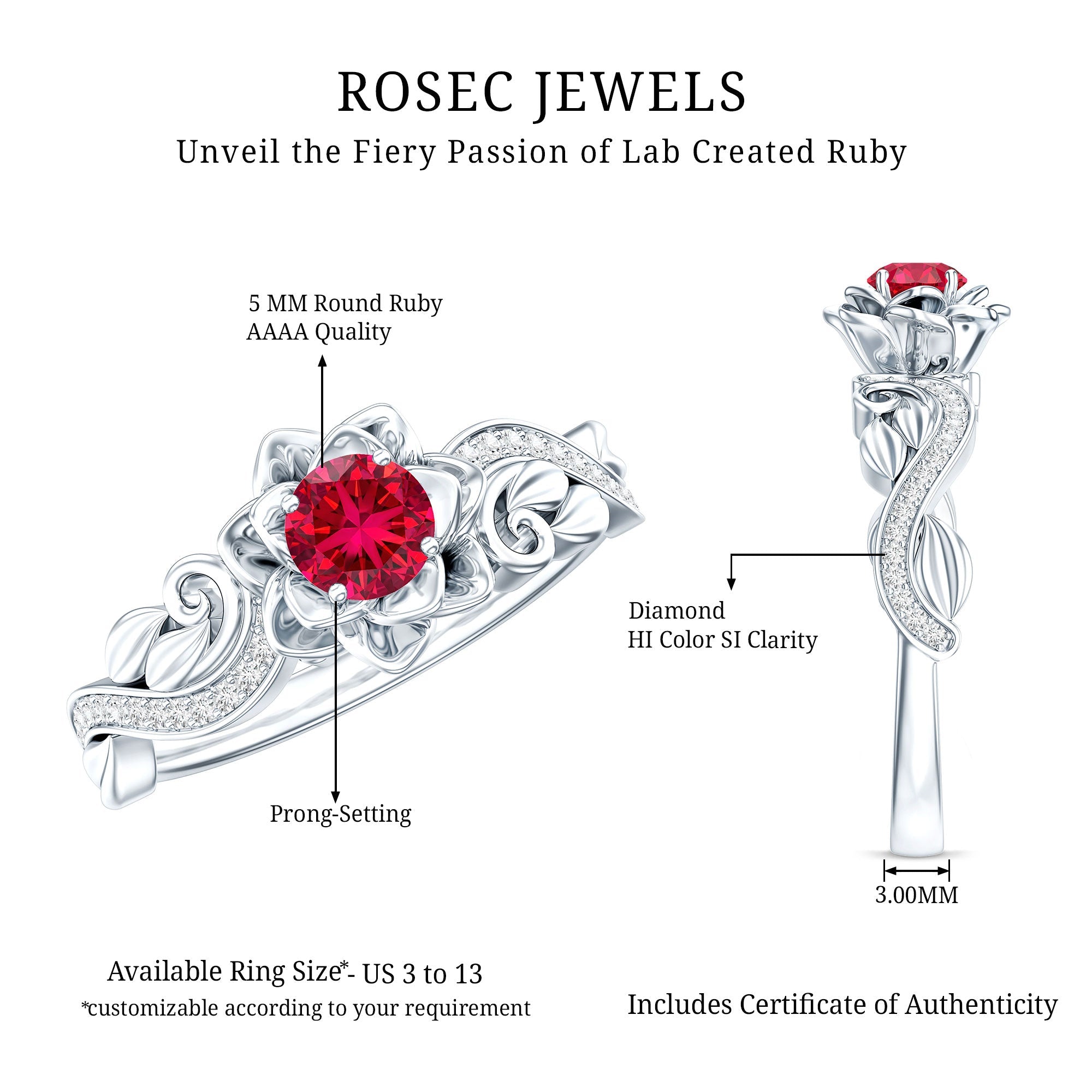 Nature Inspired Engagement Ring with Lab Ruby and Diamonds