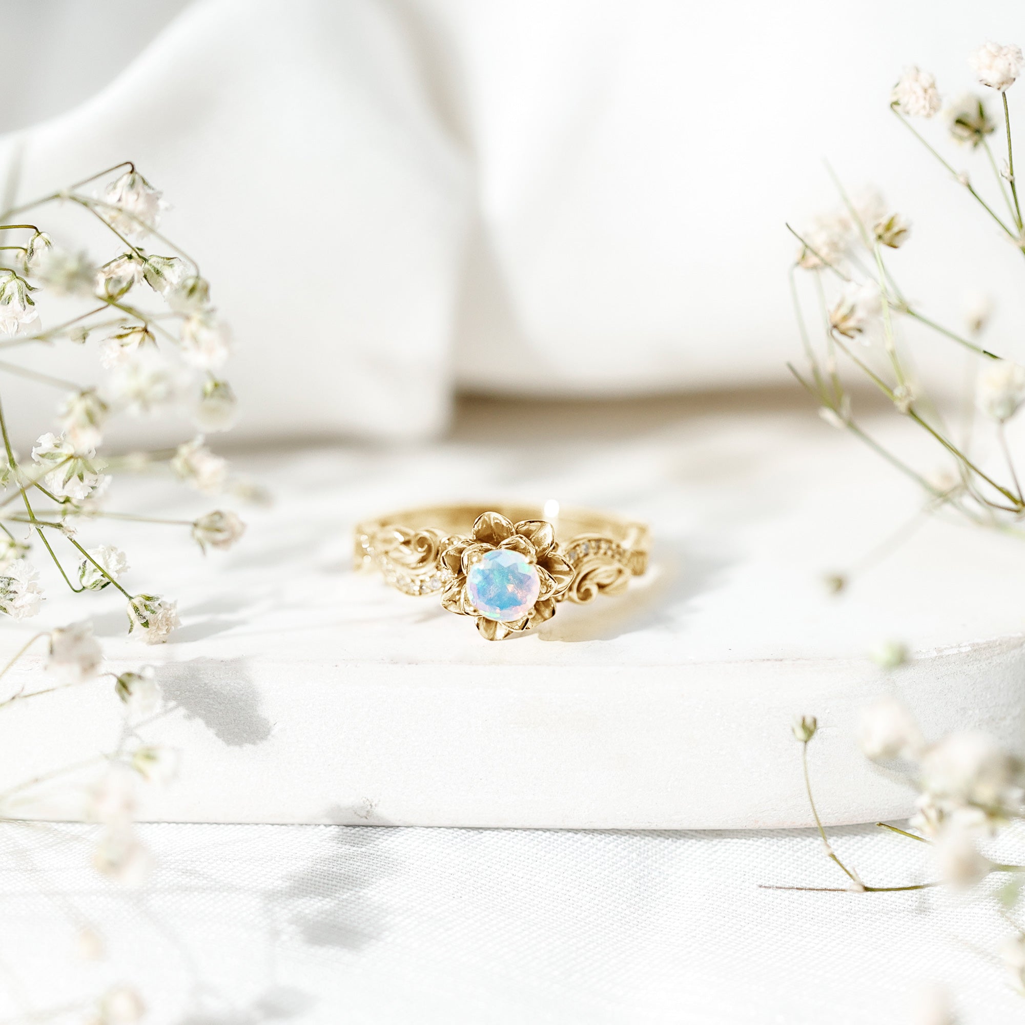 Genuine Ethiopian Opal Flower Engagement Ring With Real Diamond