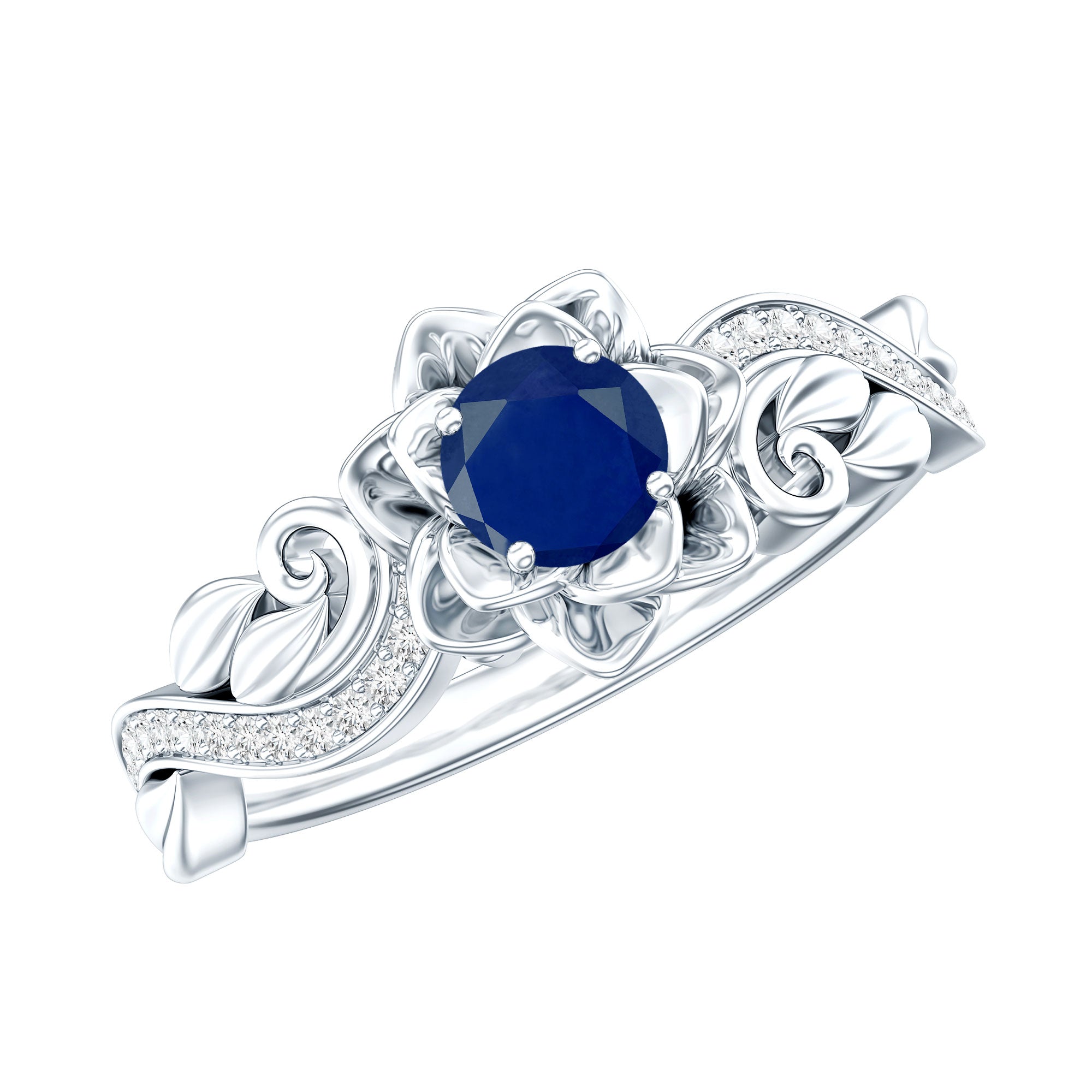Rose Flower Engagement Ring with Genuine Blue Sapphire and Diamond