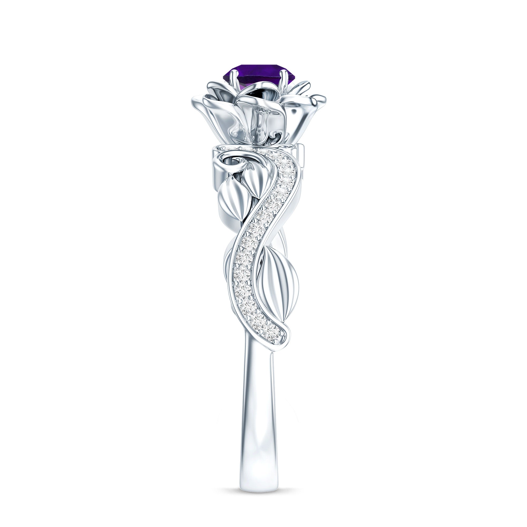 Real Amethyst Nature Inspired Engagement Ring With Diamond