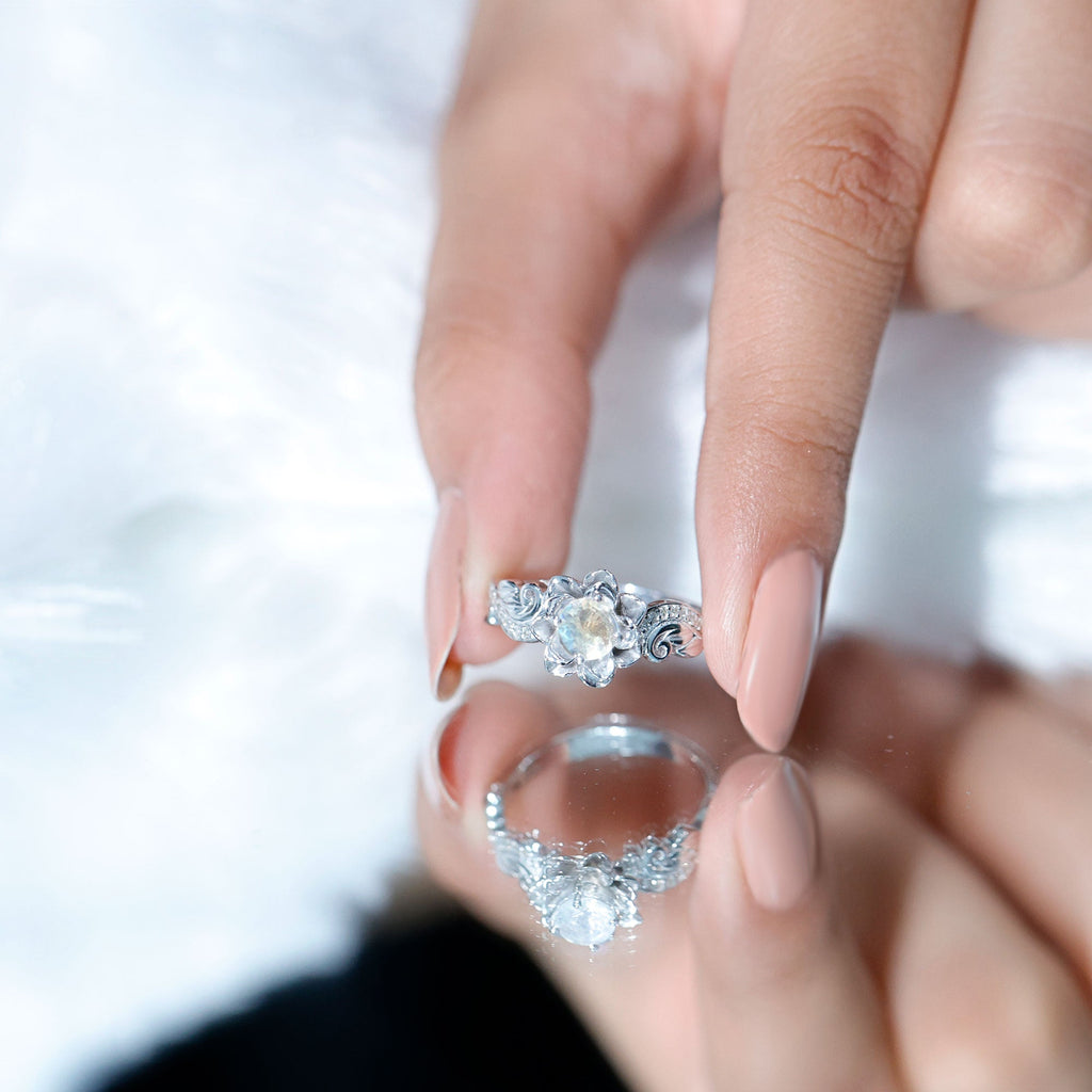 Natural Moonstone Rose Flower Engagement Ring With Diamond