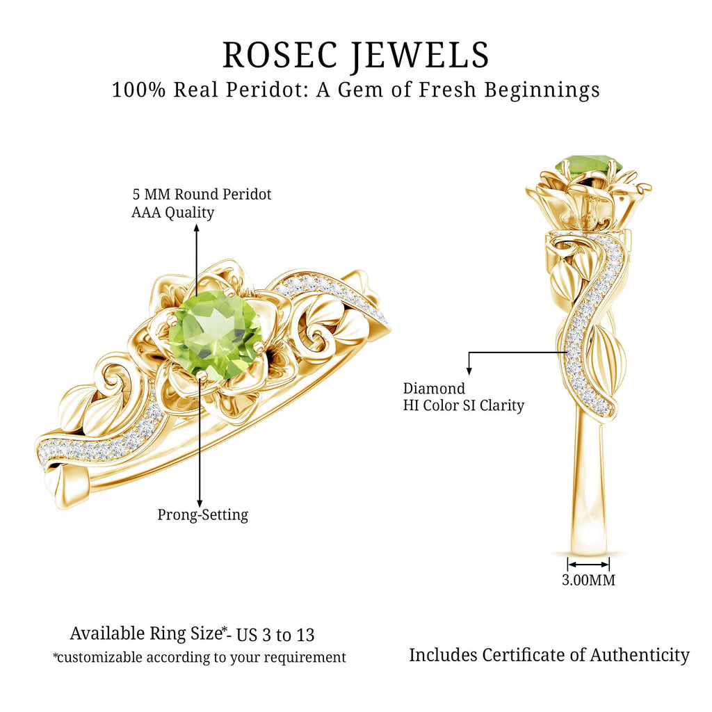Genuine Peridot and Diamond Flower Inspired Engagement Ring