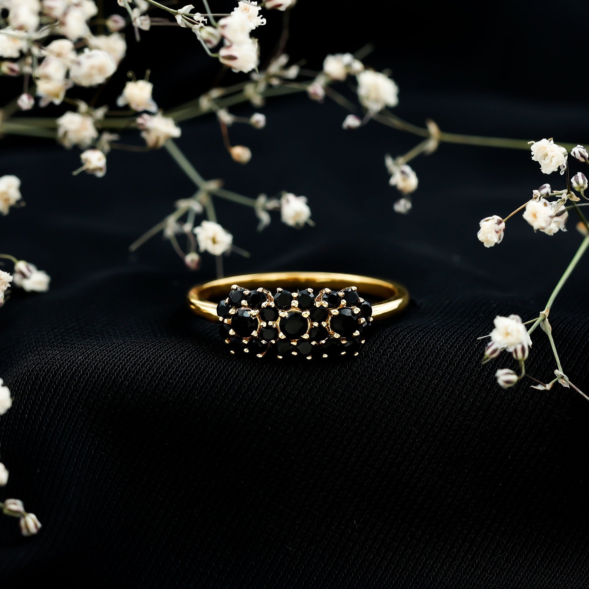Certified Black Onyx Flower Engagement Ring