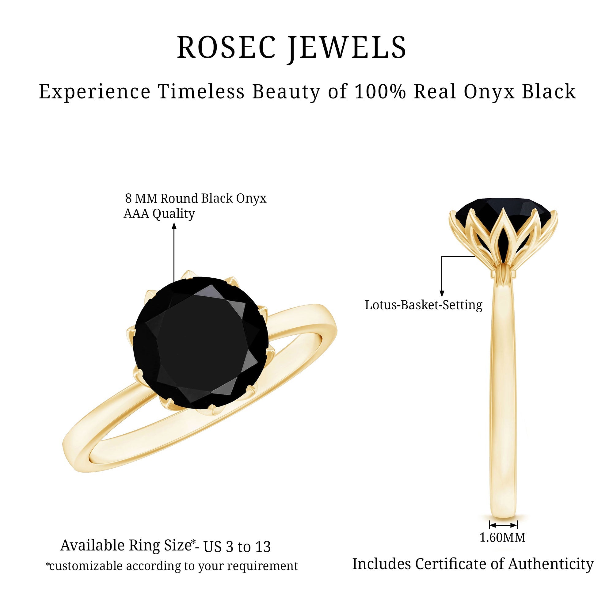 Lotus Basket Set Solitaire Black Onyx Engagement Ring for Women