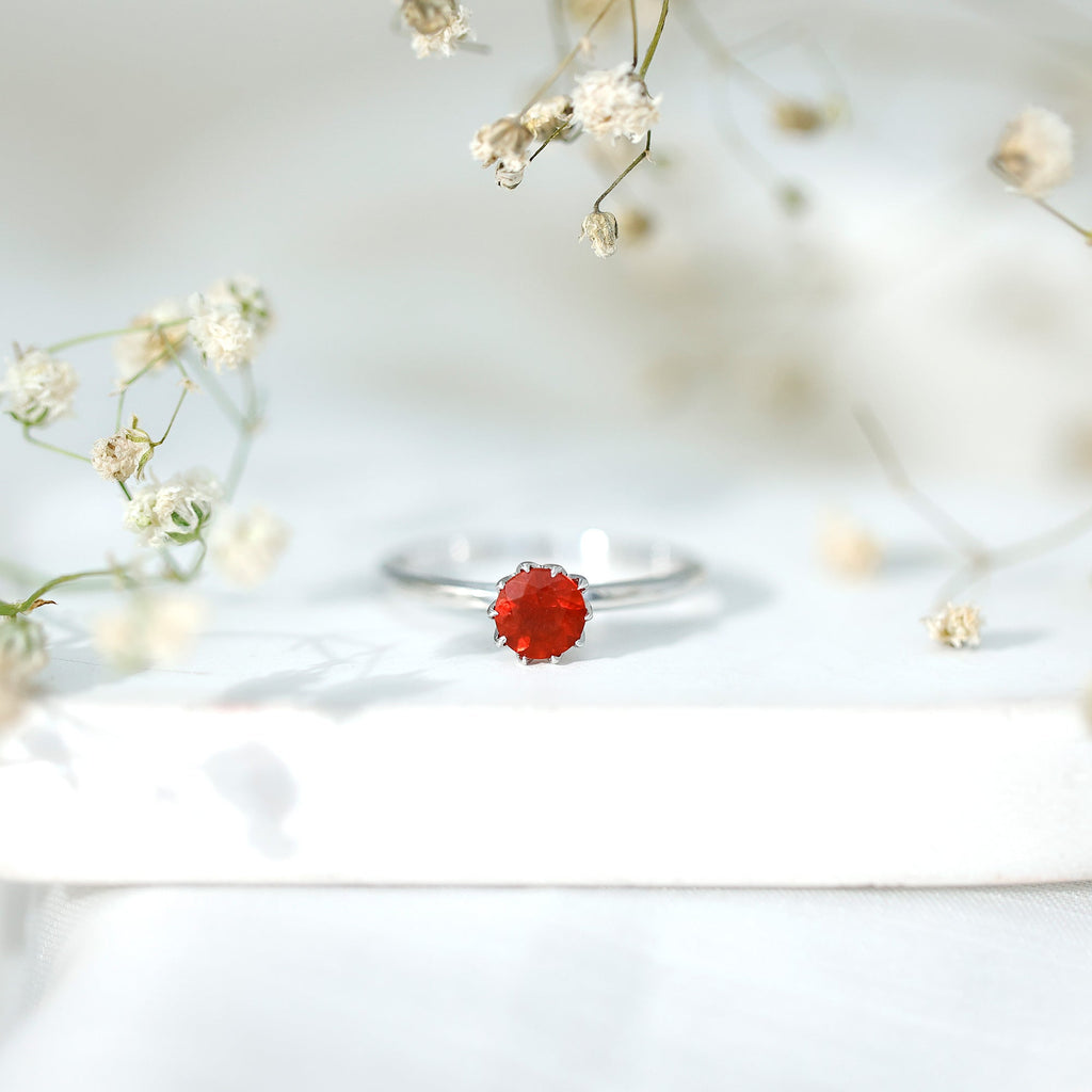 0.75 Carat Round Fire Opal Solitaire Ring in Lotus Basket Setting