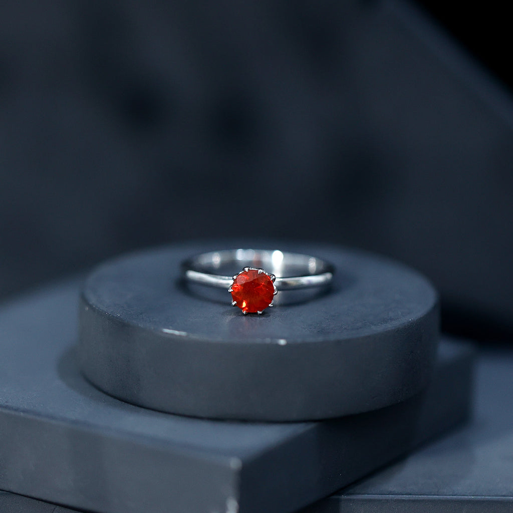 0.75 Carat Round Fire Opal Solitaire Ring in Lotus Basket Setting