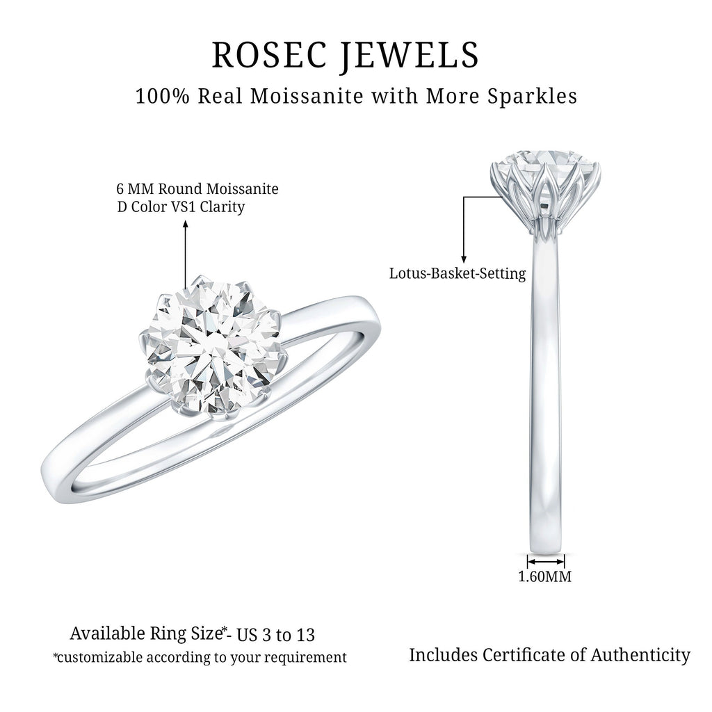 0.9 Carat Moissanite Solitaire Ring in Lotus Basket Setting