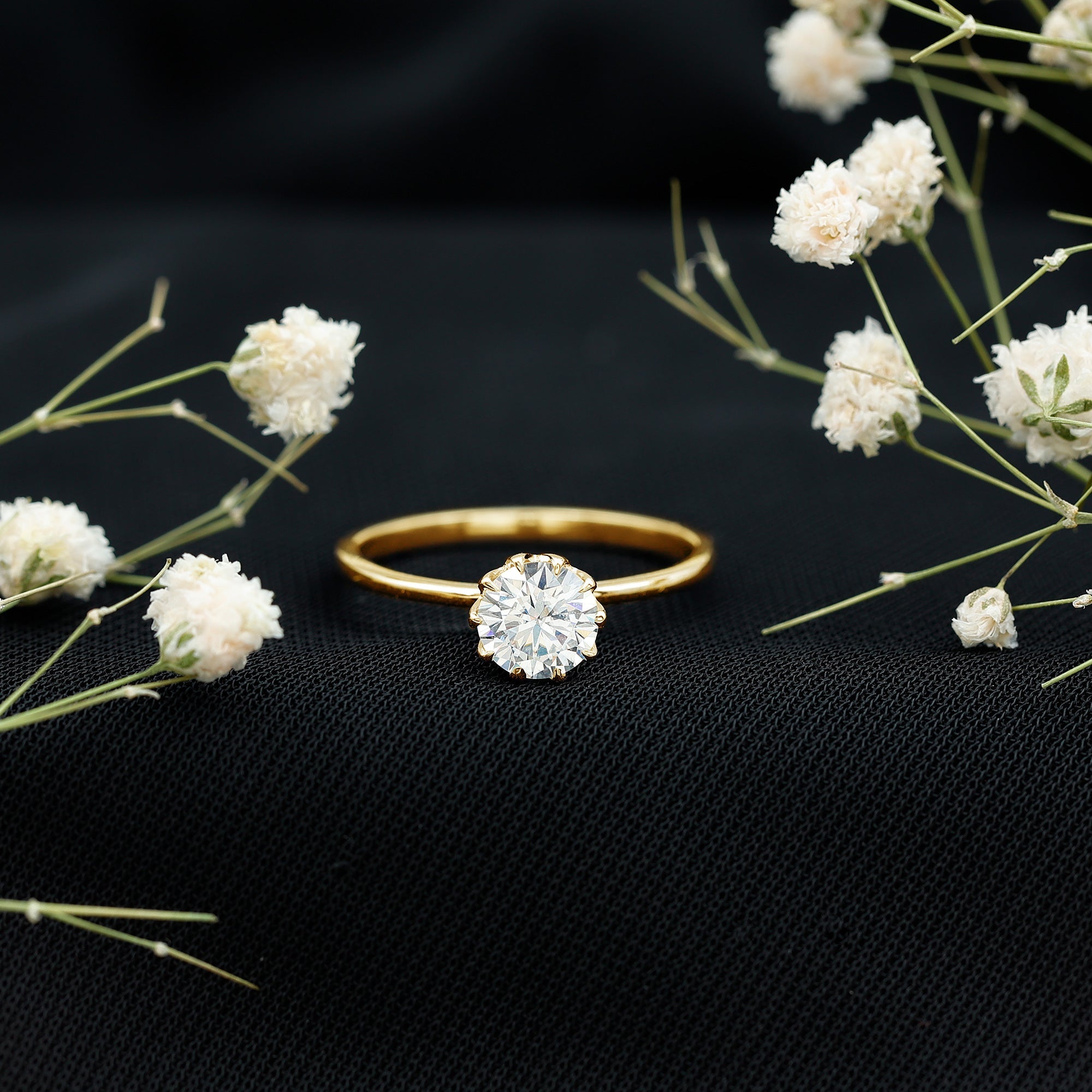 0.9 Carat Moissanite Solitaire Ring in Lotus Basket Setting