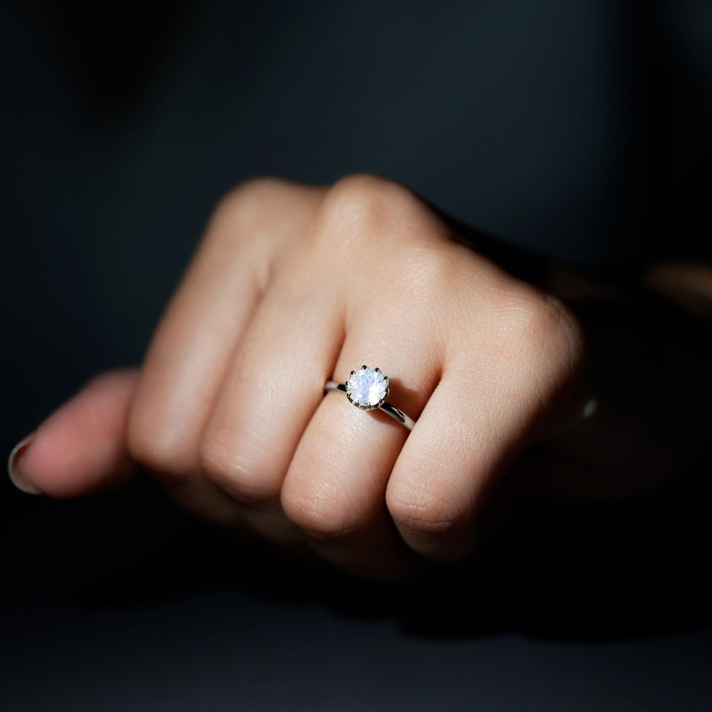 Natural Moonstone Solitaire Ring in Lotus Basket Setting