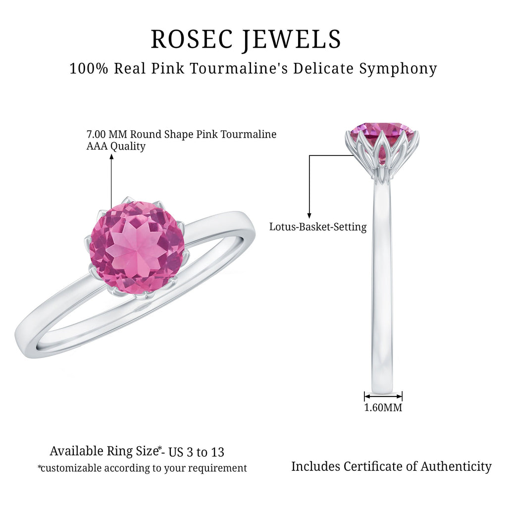 1.2 Carat Natural Pink Tourmaline Solitaire Ring in Lotus Basket Setting