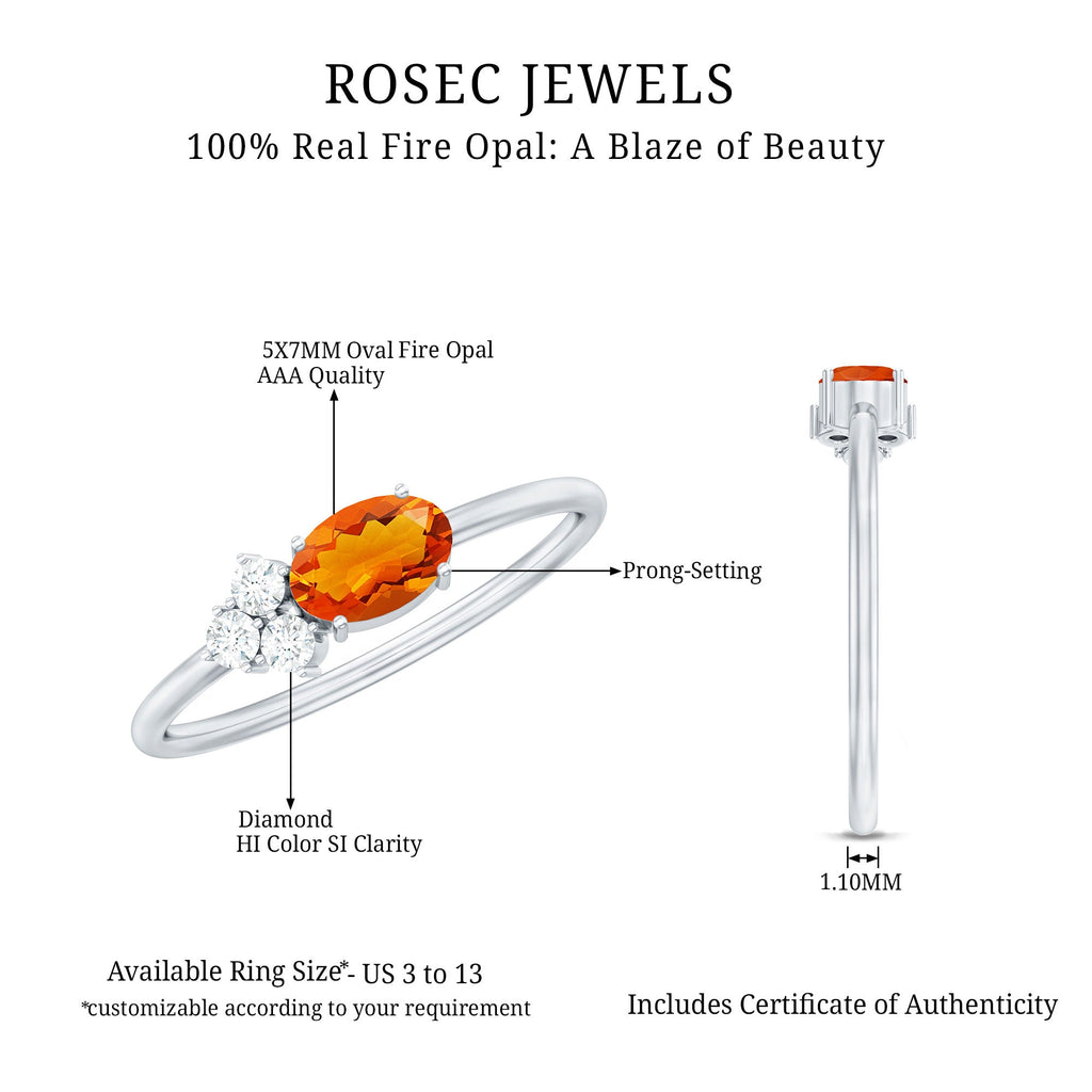 Oval Cut Fire Opal Promise Ring with Diamond Trio