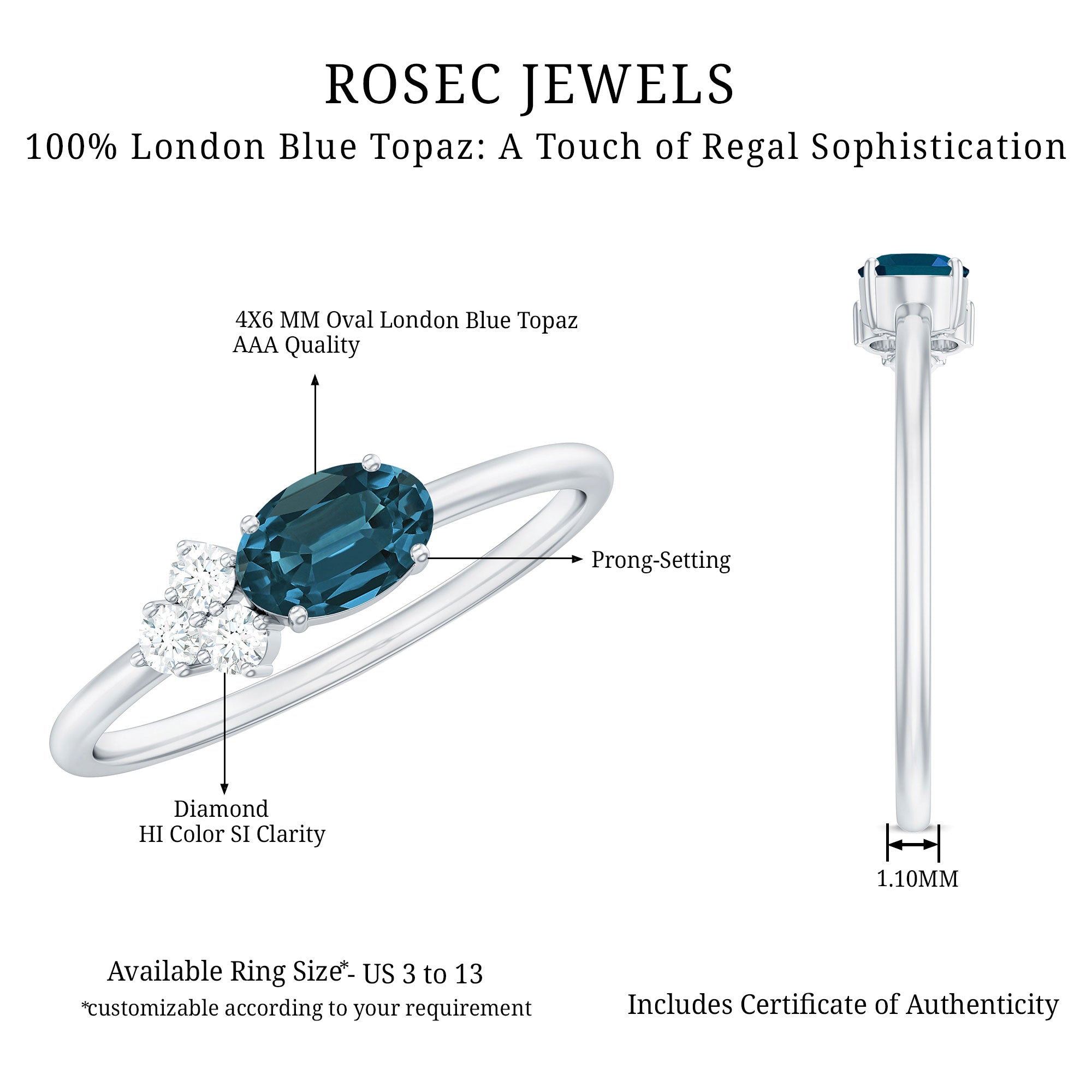 0.4 Carat Oval Cut London Blue Topaz East West Promise Ring with Diamond Trio