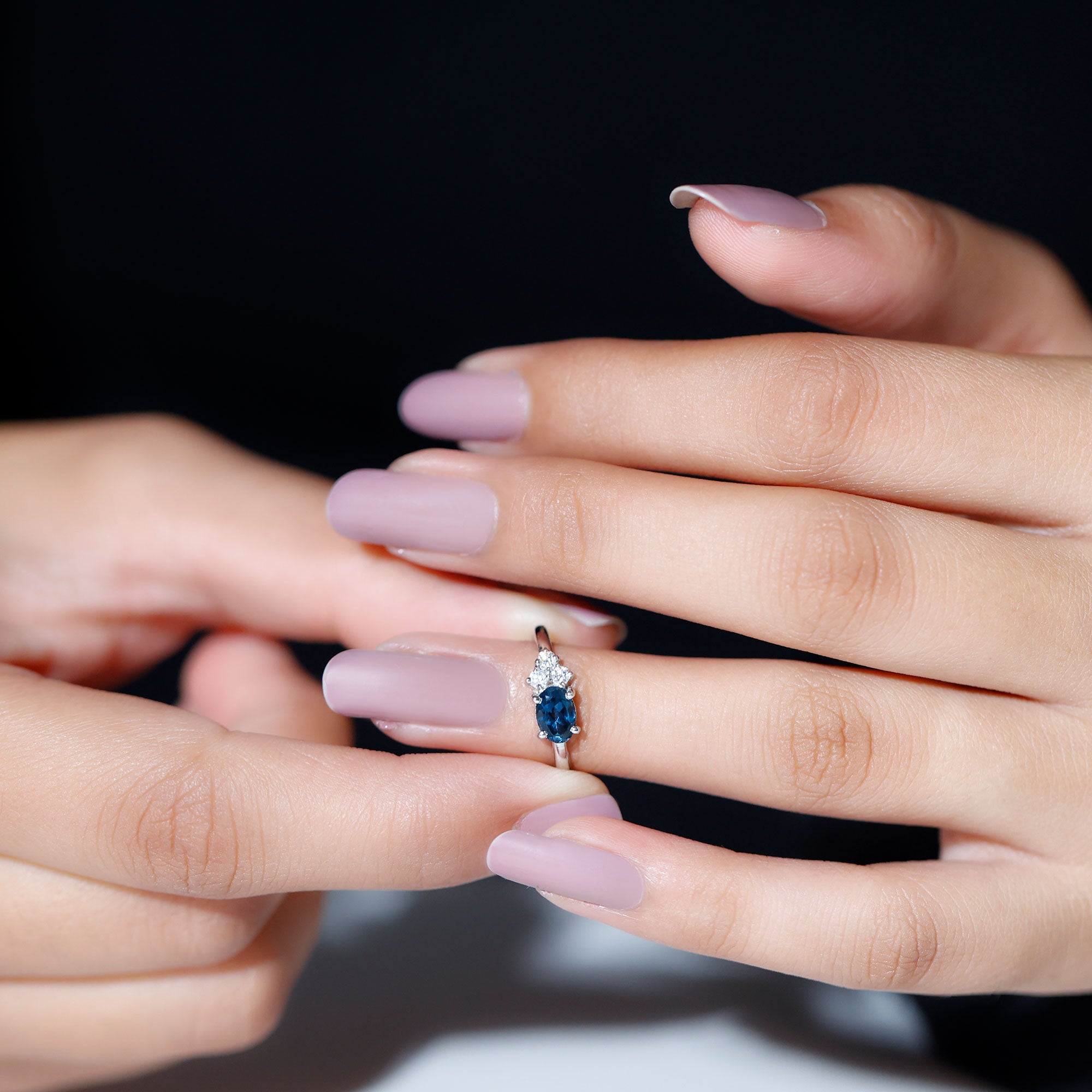 0.4 Carat Oval Cut London Blue Topaz East West Promise Ring with Diamond Trio