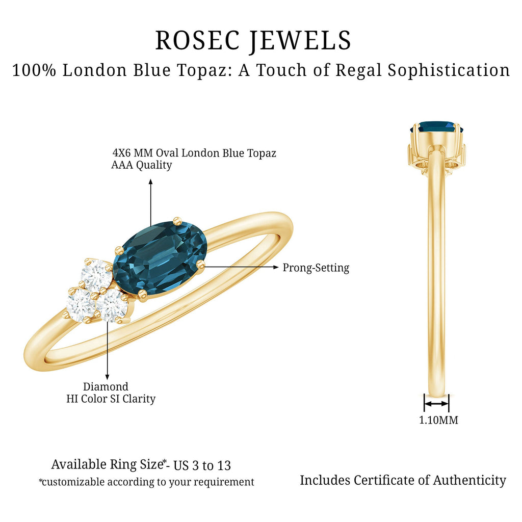 0.4 Carat Oval Cut London Blue Topaz East West Promise Ring with Diamond Trio