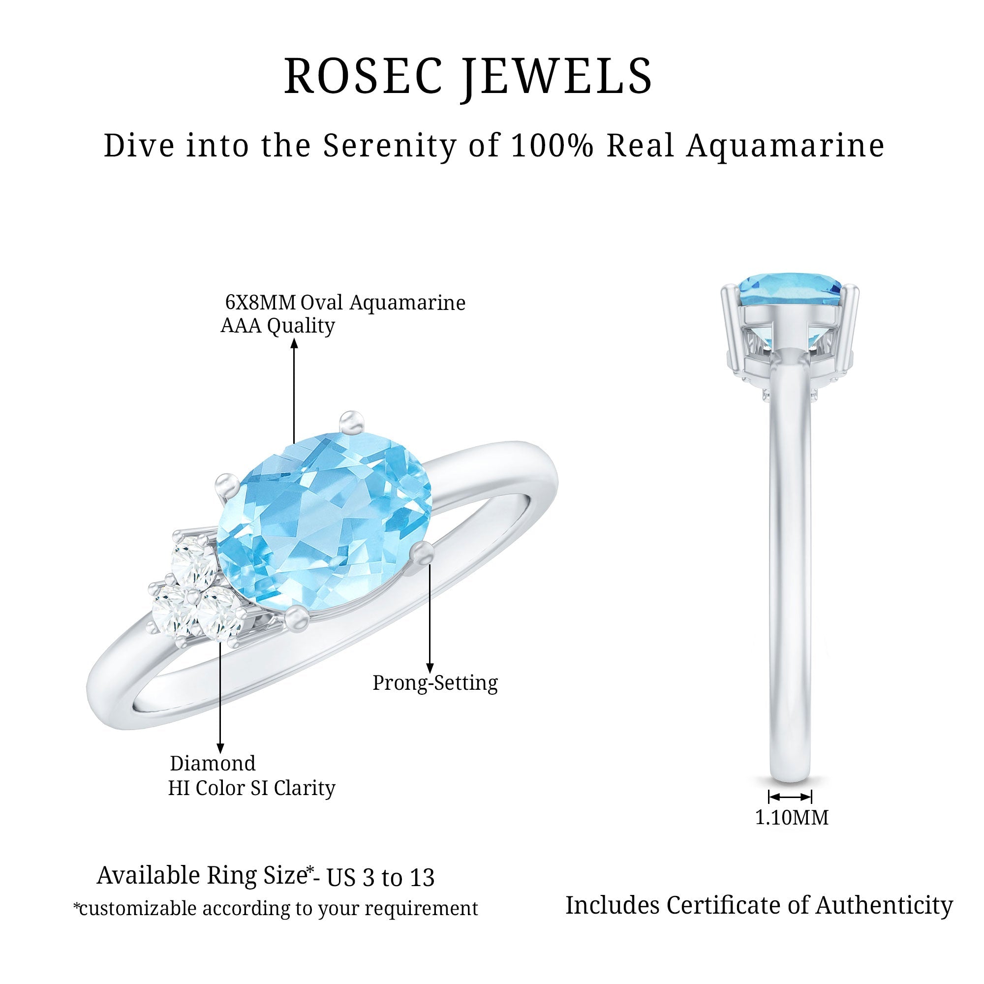 Natural 1 Carat Oval Aquamarine Promise Ring with Diamond Trio
