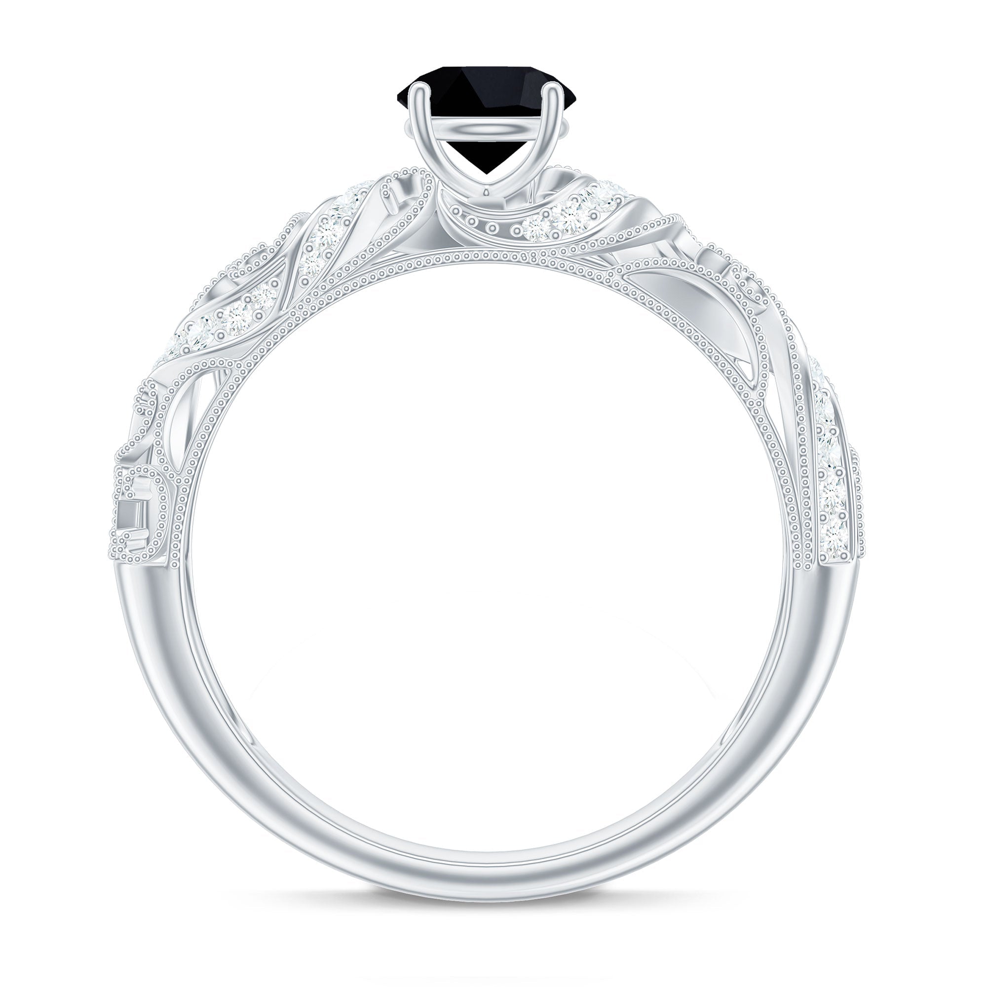 Vintage Looking Black Spinel Engagement Ring with Diamond