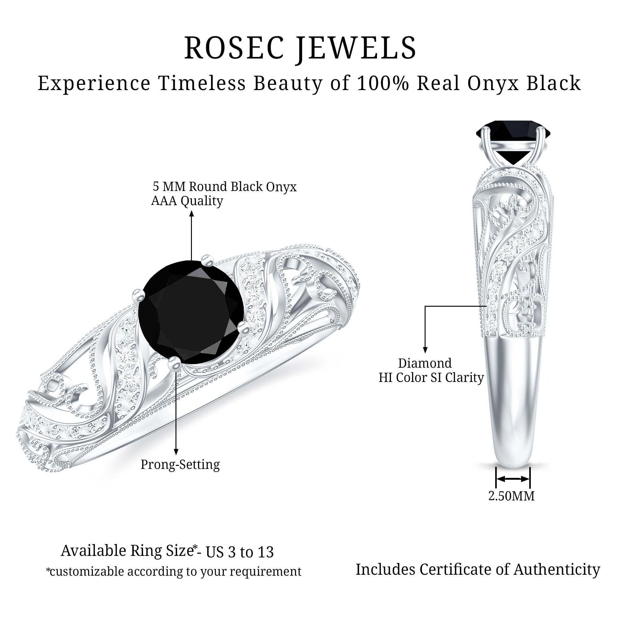 Vintage Style Black Onyx and Diamond Engagement Ring for Women
