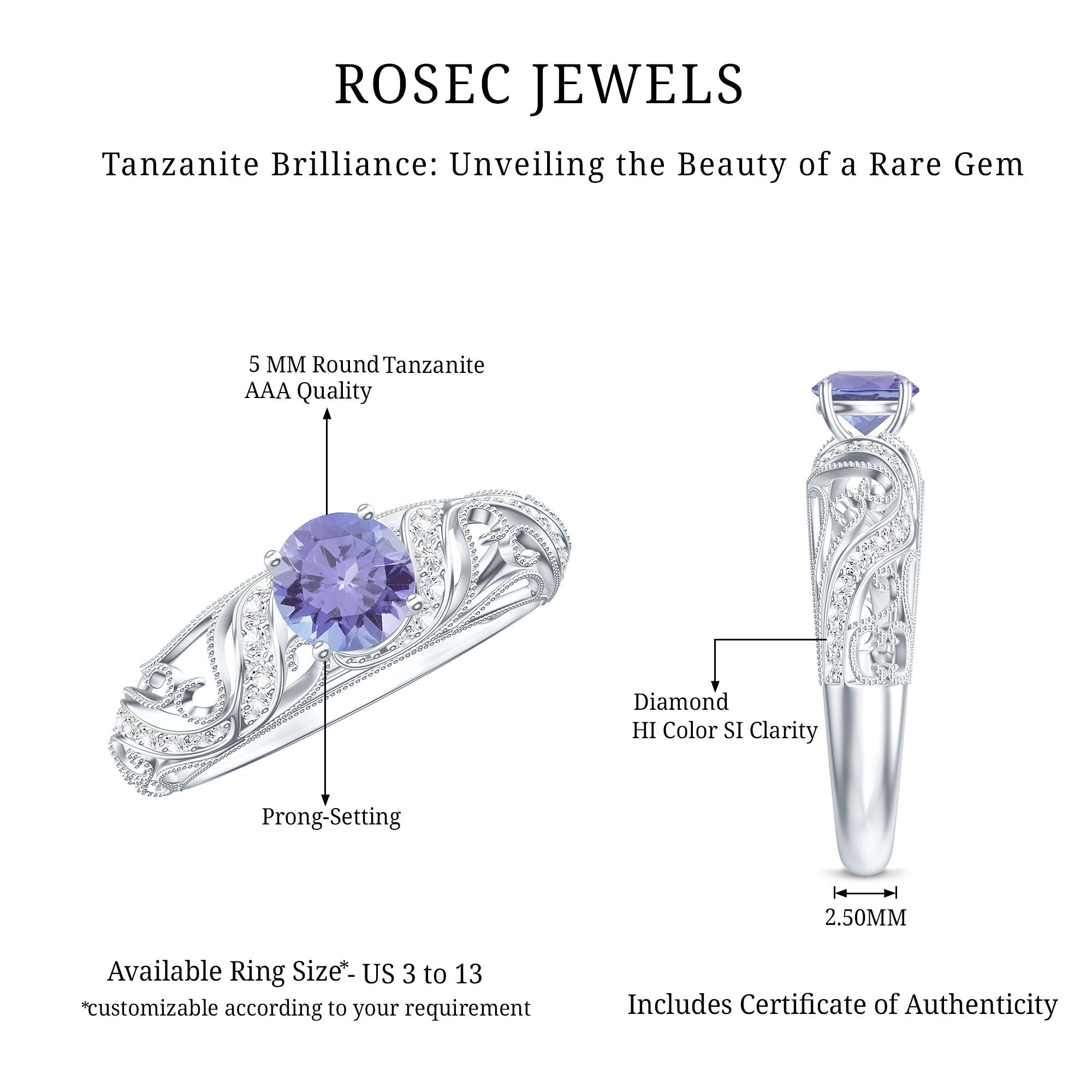 Round Tanzanite Vintage Inspired Engagement Ring with Diamond
