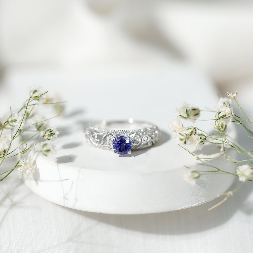 Round Tanzanite Vintage Inspired Engagement Ring with Diamond