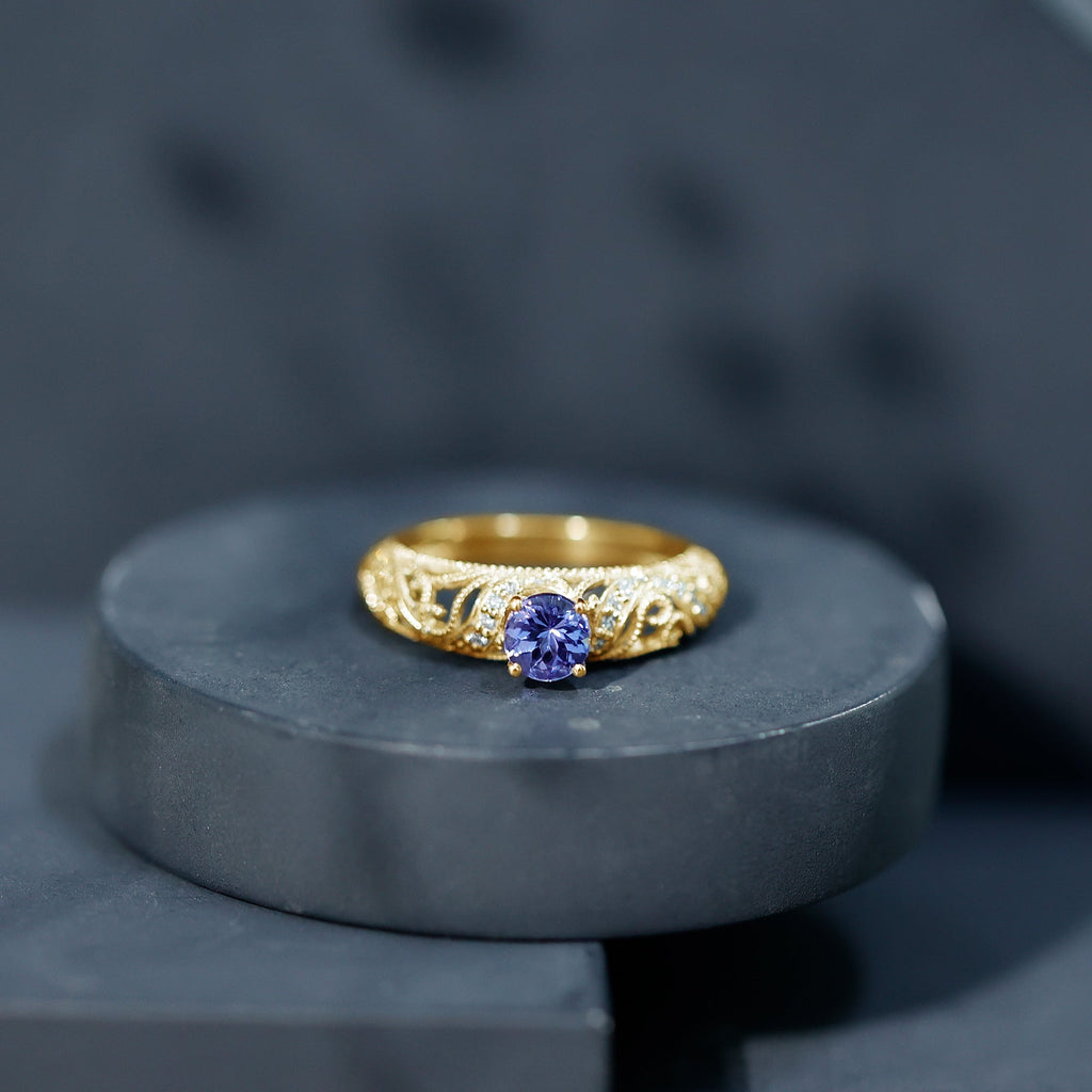 Round Tanzanite Vintage Inspired Engagement Ring with Diamond