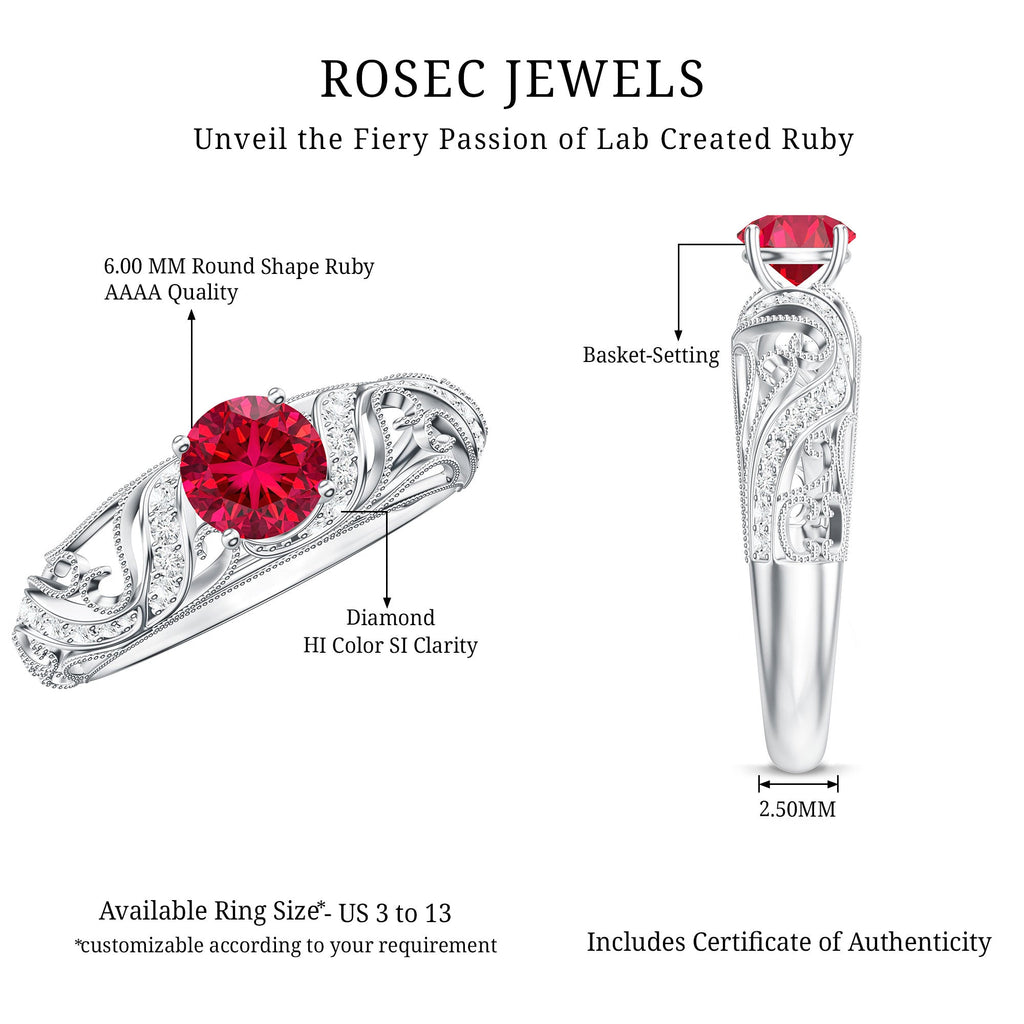 Lab Created Ruby and Diamond Vintage Inspired Engagement Ring