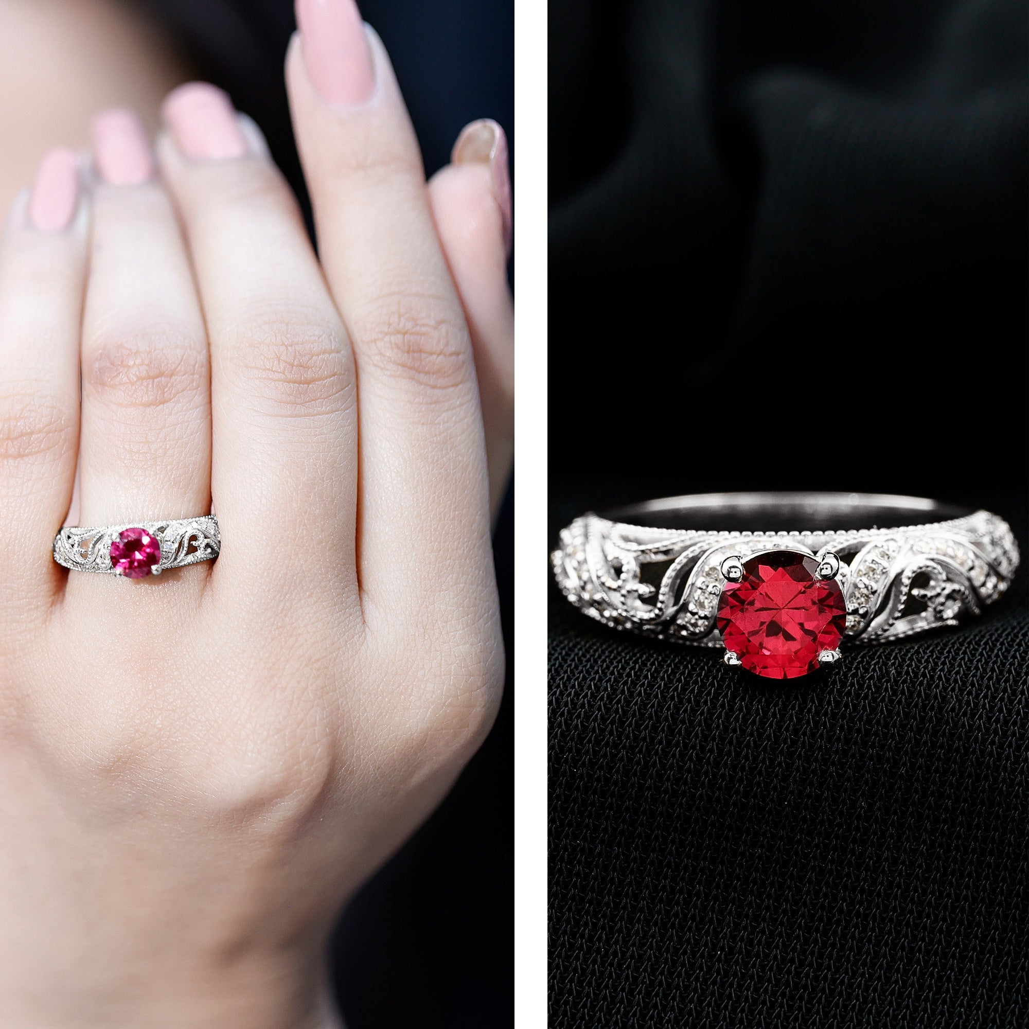 Lab Created Ruby and Diamond Vintage Inspired Engagement Ring