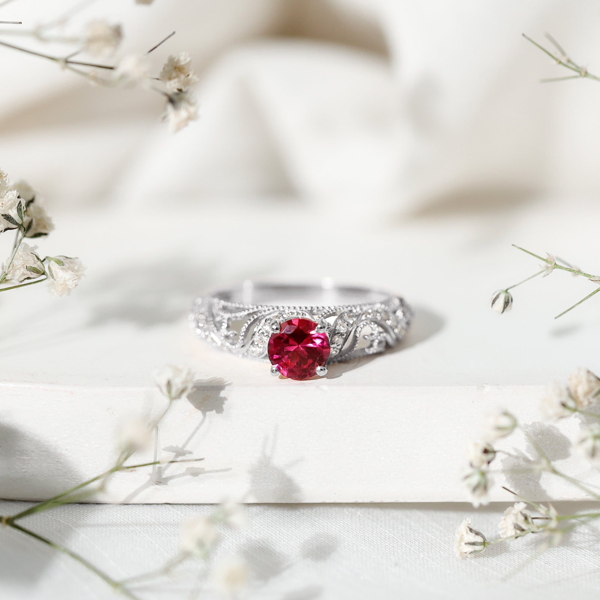 Lab Created Ruby and Diamond Vintage Inspired Engagement Ring