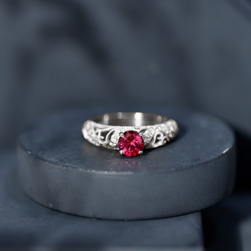 Lab Created Ruby and Diamond Vintage Inspired Engagement Ring