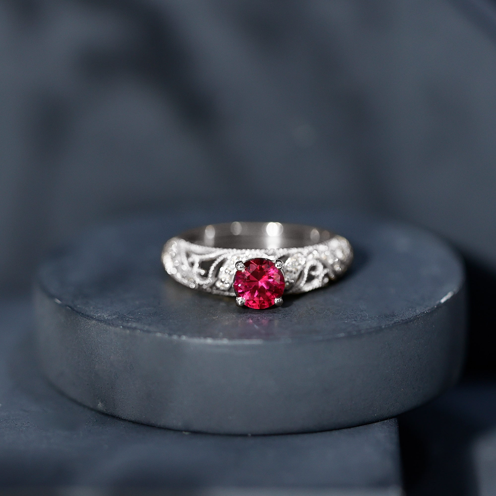 Lab Created Ruby and Diamond Vintage Inspired Engagement Ring
