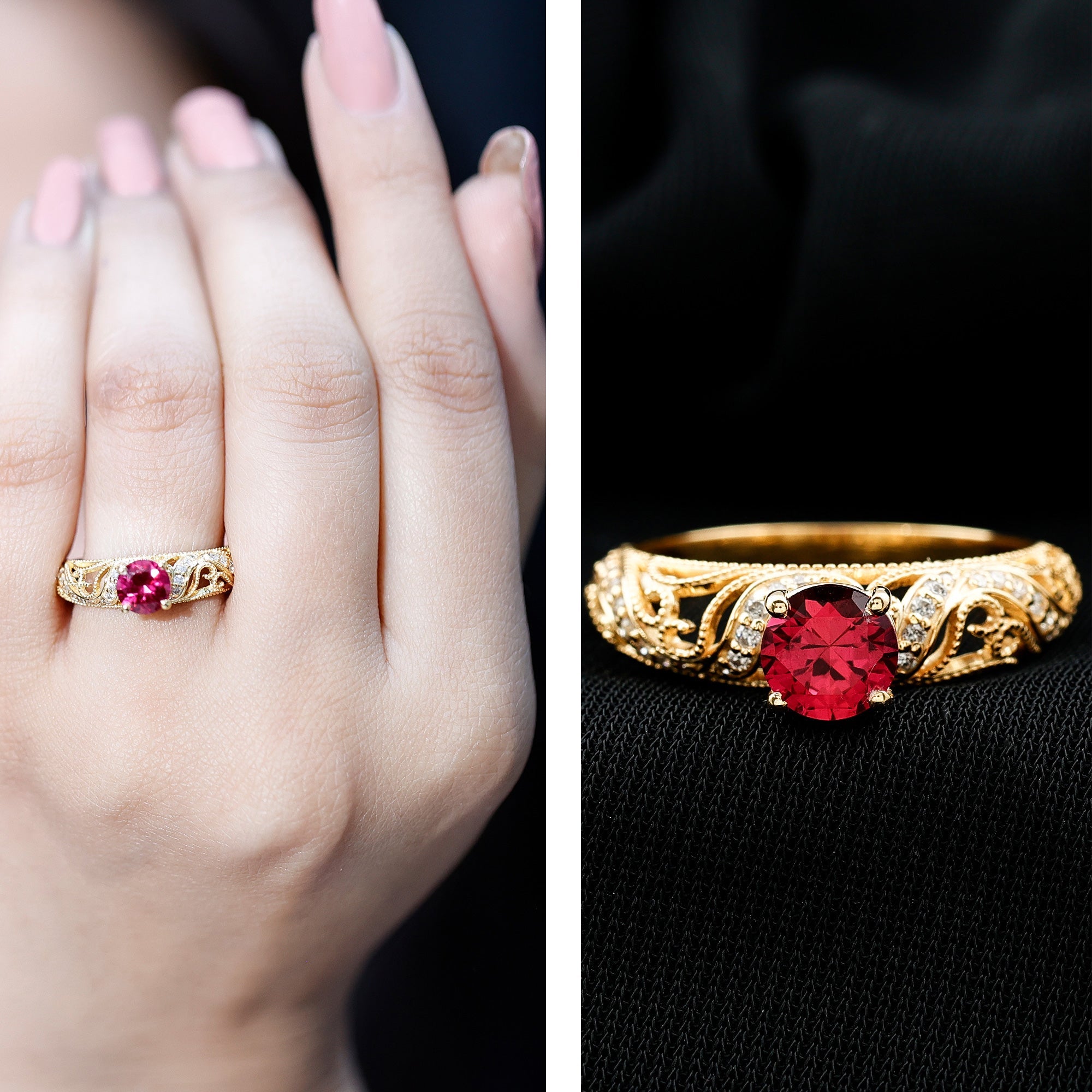 Lab Created Ruby and Diamond Vintage Inspired Engagement Ring