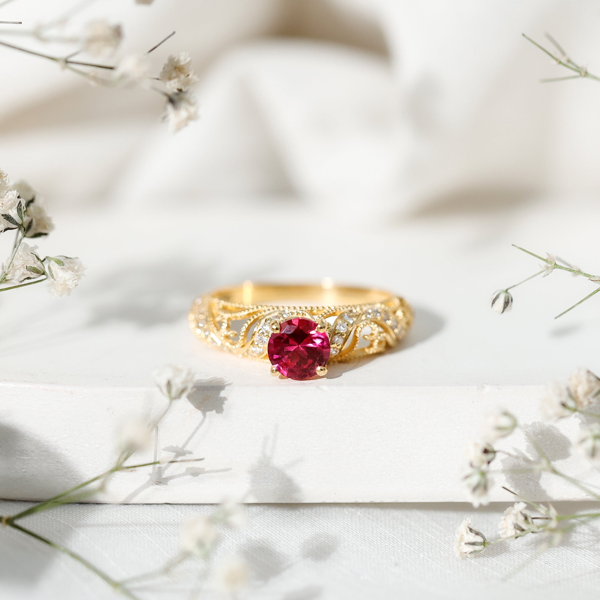 Lab Created Ruby and Diamond Vintage Inspired Engagement Ring