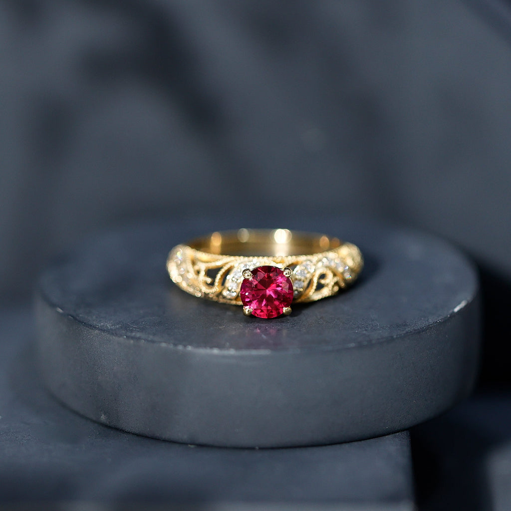 Lab Created Ruby and Diamond Vintage Inspired Engagement Ring