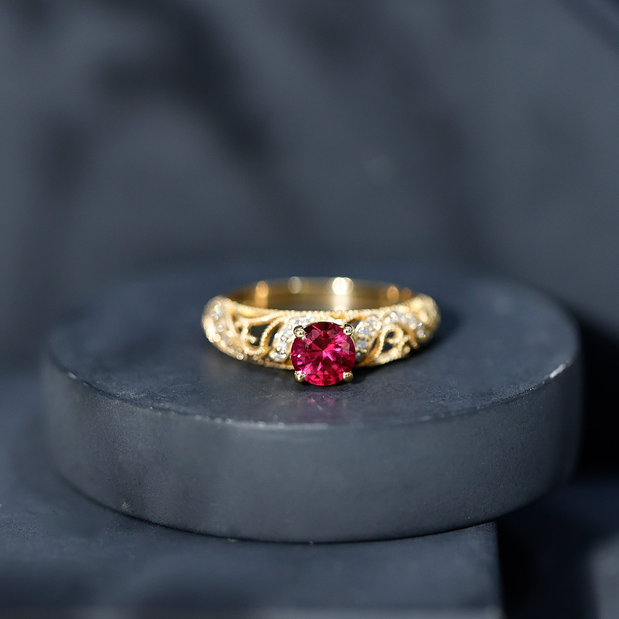 Lab Created Ruby and Diamond Vintage Inspired Engagement Ring