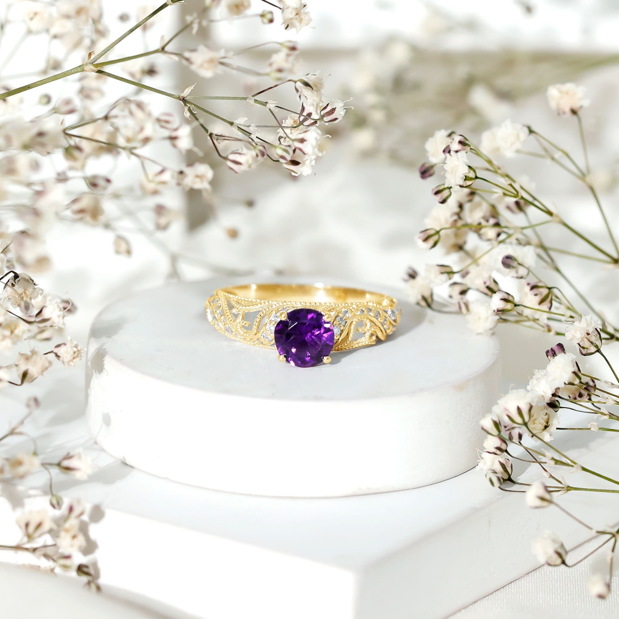 Vintage Inspired 1.2 Carat Amethyst Engagement Ring with Diamond