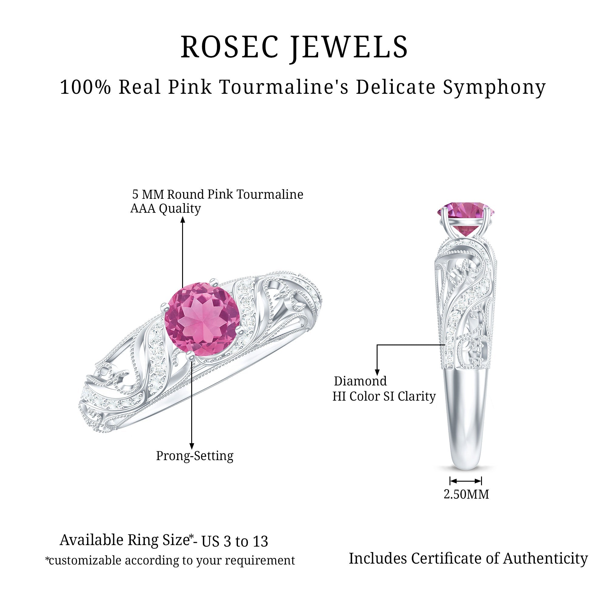 0.4 Carat Vintage Style Pink Tourmaline Engagement Ring with Diamond
