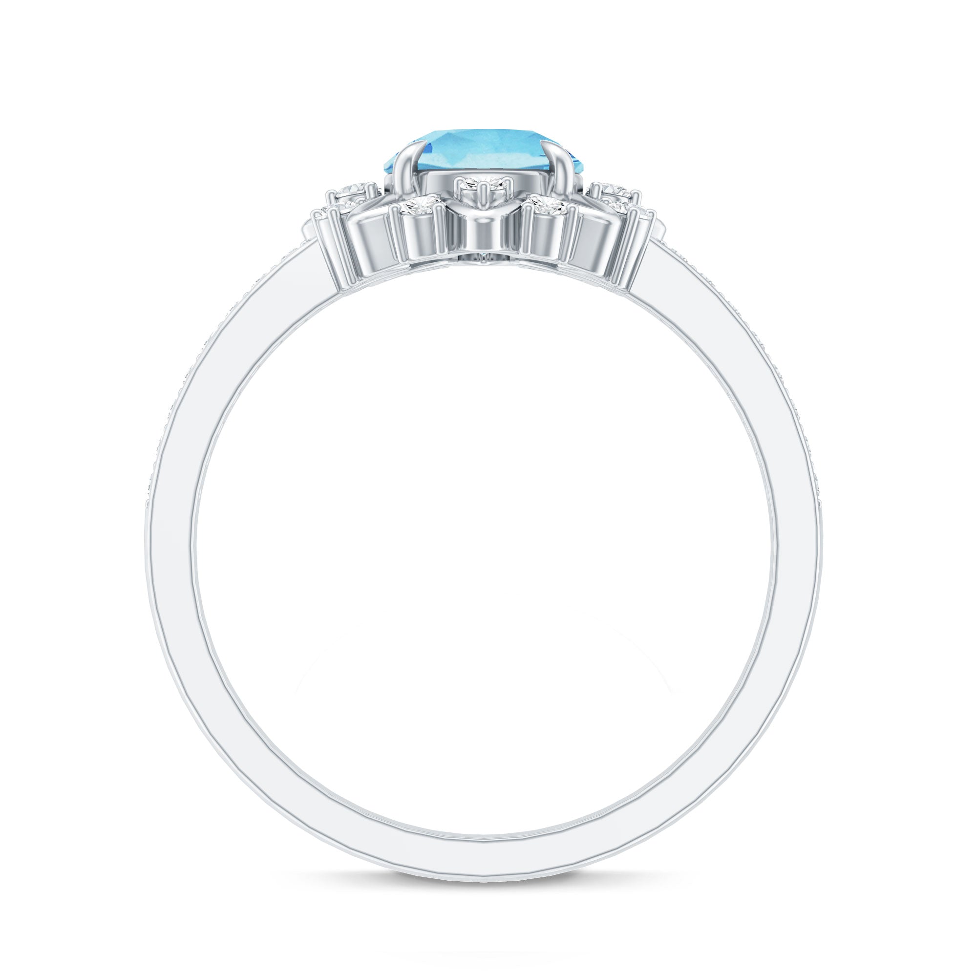 Genuine 0.8 Aquamarine Floral Engagement Ring with Diamond Side Stones